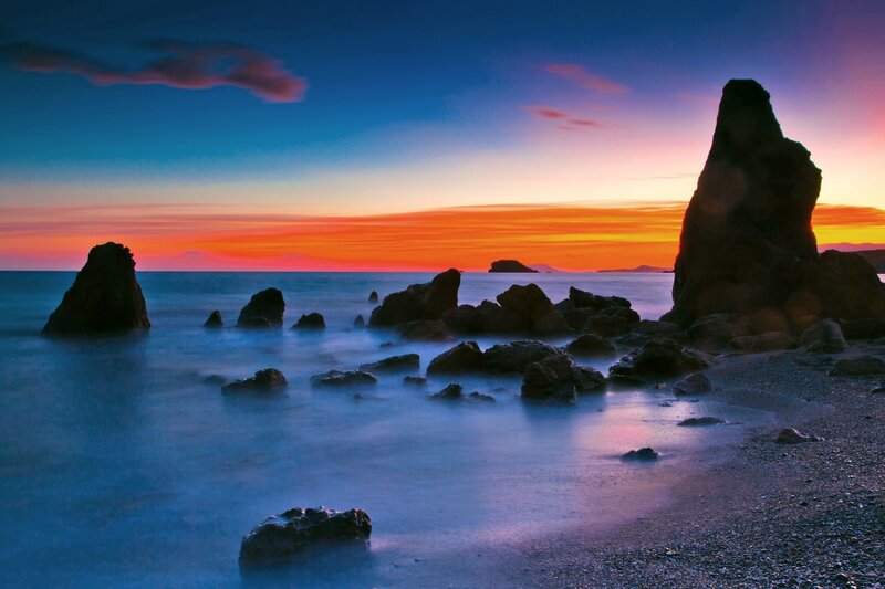 Rock Formations at Sunset — Blue, Serene, Photograph, Rocks, Ocean