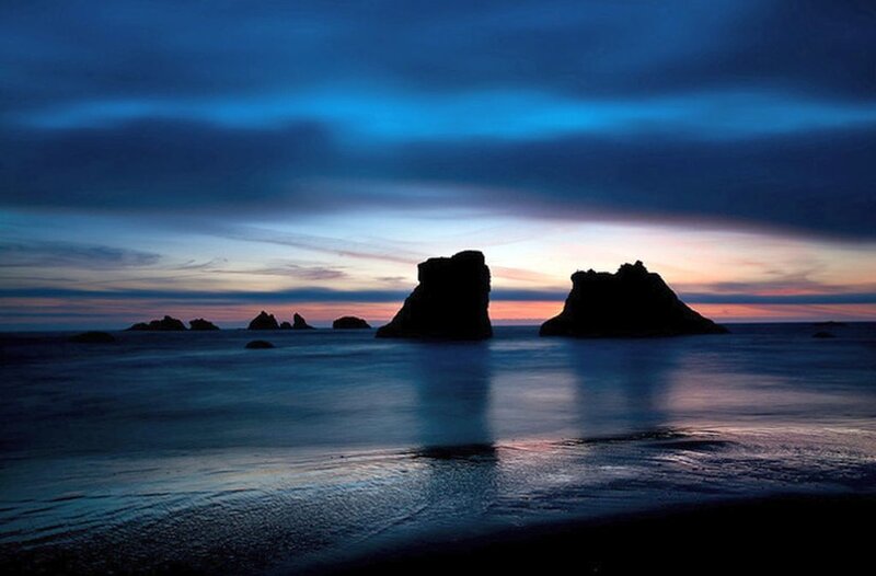 Rock Formations at Sunset — Blue, Serene, Photograph