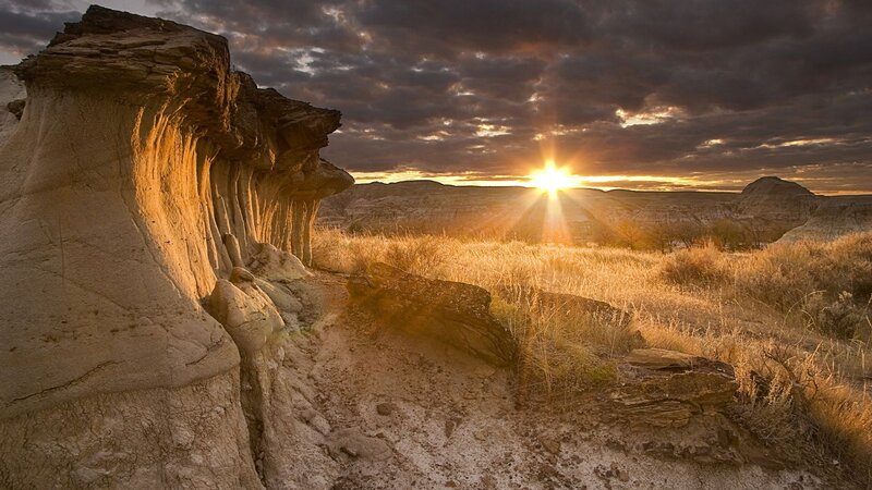 Rock Formations at Sunset — Grass