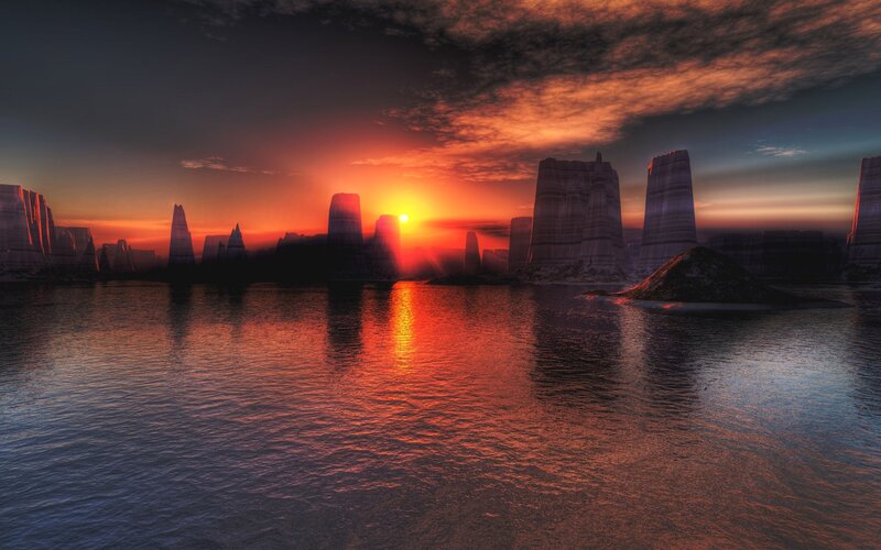 Rock Formations at Sunset — Orange, Dramatic, Digital Art, Sun, Water, Clouds, Red