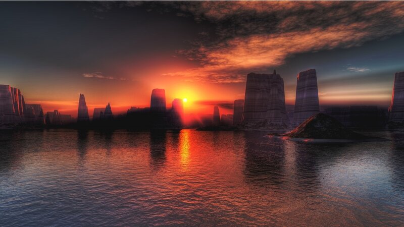 Rock Formations at Sunset — Orange, Dramatic, Digital Art