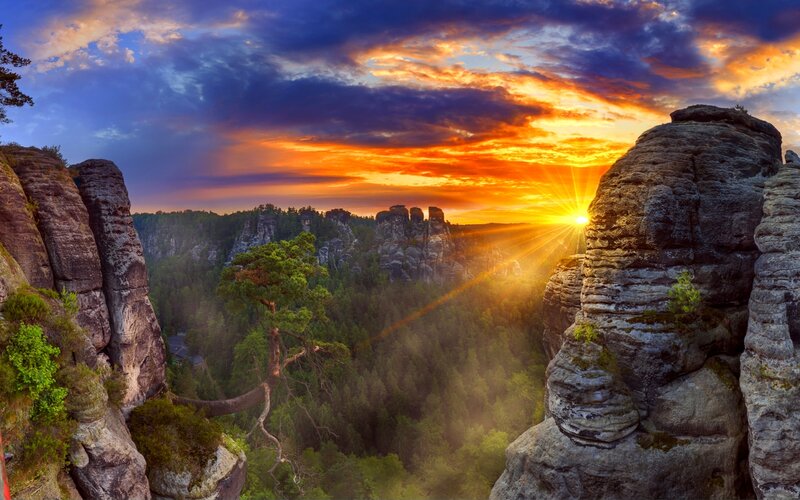 Rock Formations at Sunset — Orange, Dramatic, Photograph, Forest
