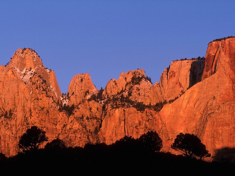 Rock Formations at Sunset — Orange, Dramatic, Photograph, Mountains, Trees