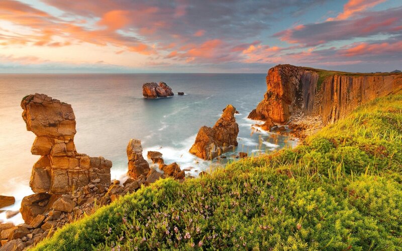 Rock Formations at Sunset — Orange, Dramatic, Photograph, Ocean, Cliffs, Grass