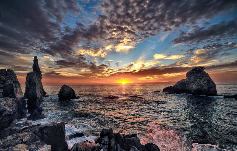Rock Formations at Sunset — Orange, Dramatic, Photograph, Ocean, Sky, Clouds