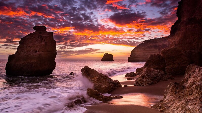 Rock Formations at Sunset — Orange, Dramatic, Photograph, Ocean, Sky, Sand