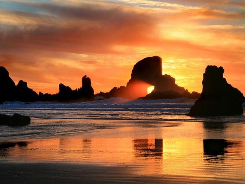 Rock Formations at Sunset — Orange, Dramatic, Photograph, Ocean, Sky