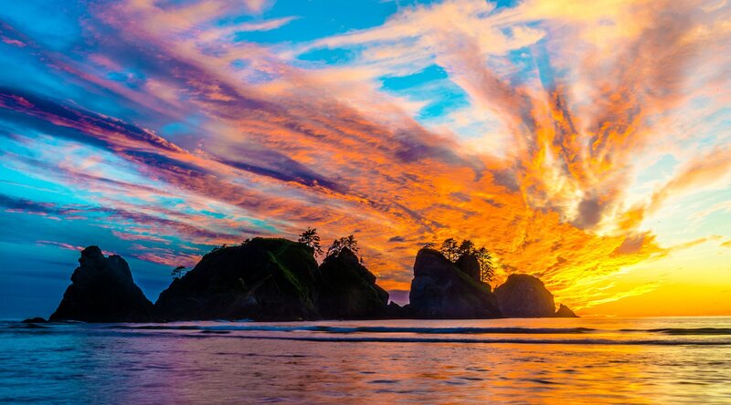 Rock Formations at Sunset — Orange, Dramatic, Photograph, Ocean, Sky, Trees