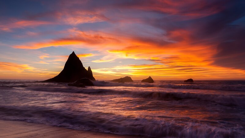 Rock Formations at Sunset — Orange, Dramatic, Photograph, Ocean, Sky, Waves