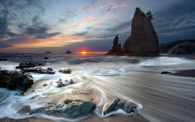 Rock Formations at Sunset — Orange, Dramatic, Photograph, Ocean