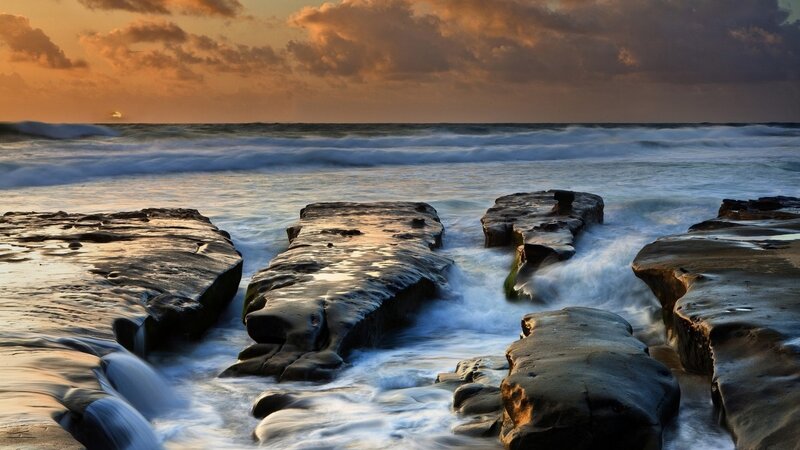 Rock Formations at Sunset — Orange, Dramatic, Photograph, Ocean, Waves, Sky