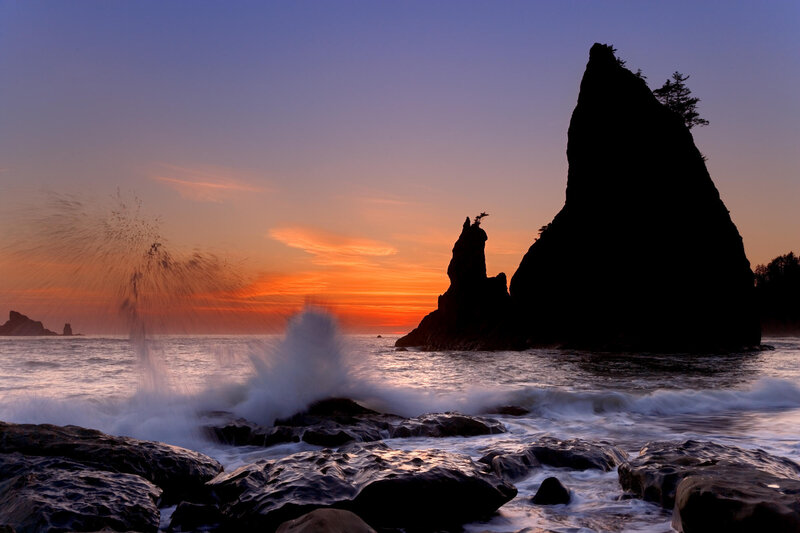 Rock Formations at Sunset — Orange, Dramatic, Photograph, Ocean Waves