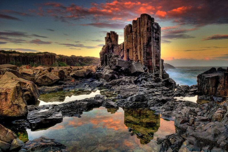 Rock Formations at Sunset — Orange, Dramatic, Photograph, Rocks, Ocean, Sky