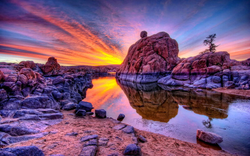 Rock Formations at Sunset — Orange, Dramatic, Photograph, Rocks, River