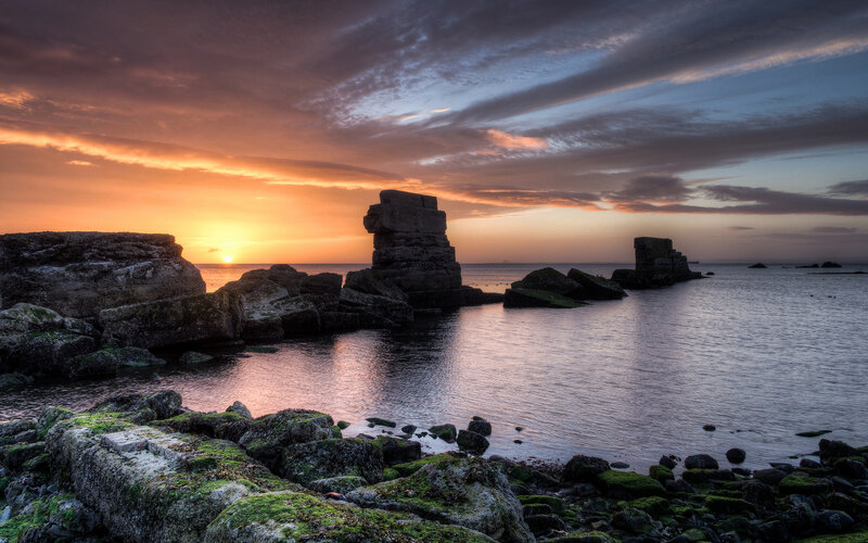 Rock Formations at Sunset — Orange, Dramatic, Photograph, Sea, Sky
