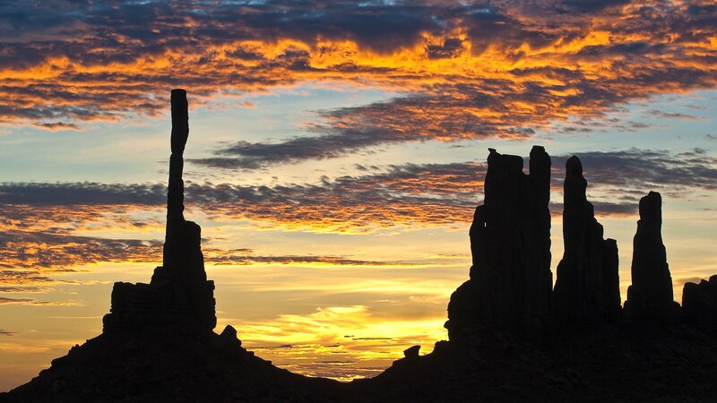 Rock Formations at Sunset — Orange, Dramatic, Photograph, Sky, Clouds, Silhouette