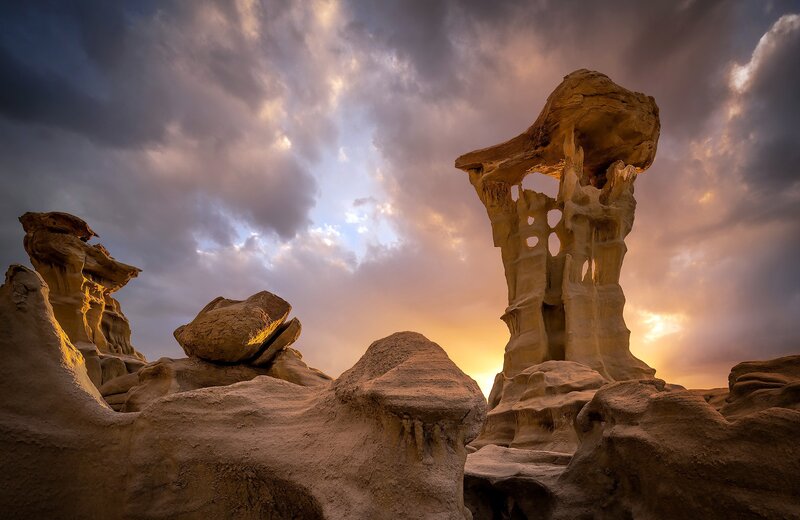 Rock Formations at Sunset — Orange, Dramatic, Photograph, Sky, Clouds