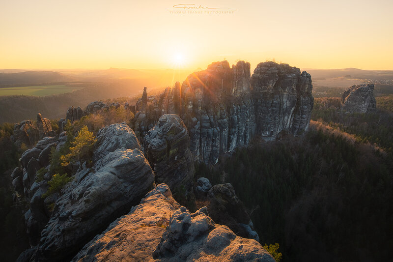 Rock Formations at Sunset — Orange, Dramatic, Photograph, Sun, Forest