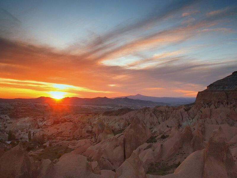 Rock Formations at Sunset — Orange, Dramatic, Photograph, Sun, Mountains, Clouds