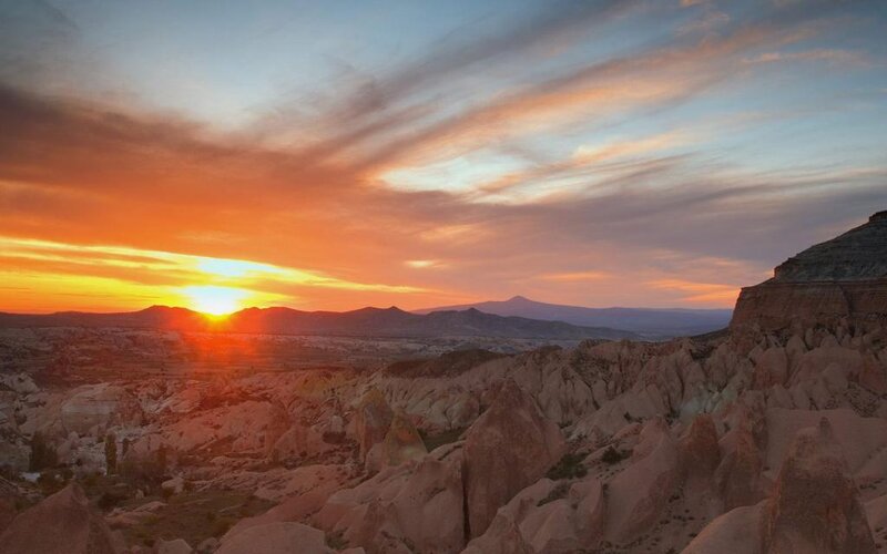 Rock Formations at Sunset — Orange, Dramatic, Photograph, Sun, Mountains, Clouds, Yellow