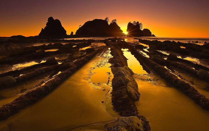 Rock Formations at Sunset — Orange, Dramatic, Photograph, Sun, Ocean, Rocks, Yellow, Black