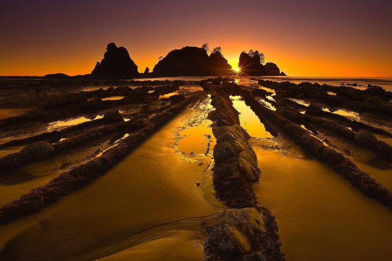 Rock Formations at Sunset — Orange, Dramatic, Photograph, Sun, Ocean, Sand