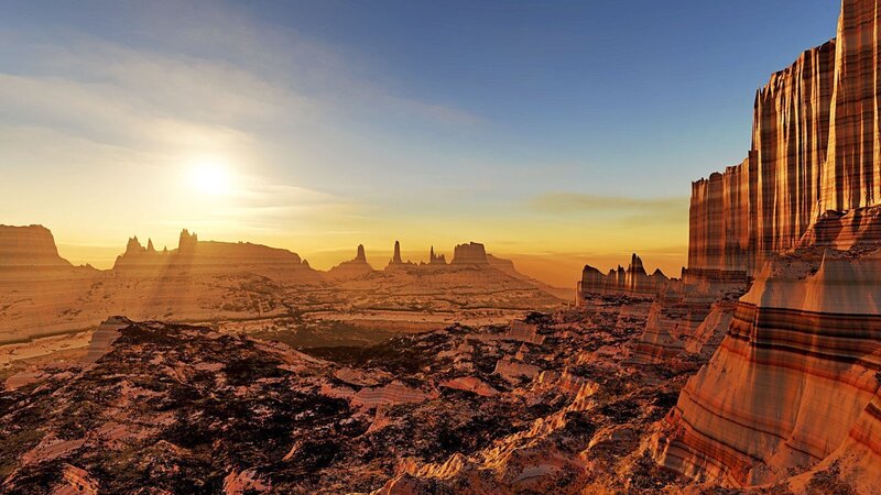 Rock Formations at Sunset — Orange, Dramatic, Photograph, Sun, Sky, Desert
