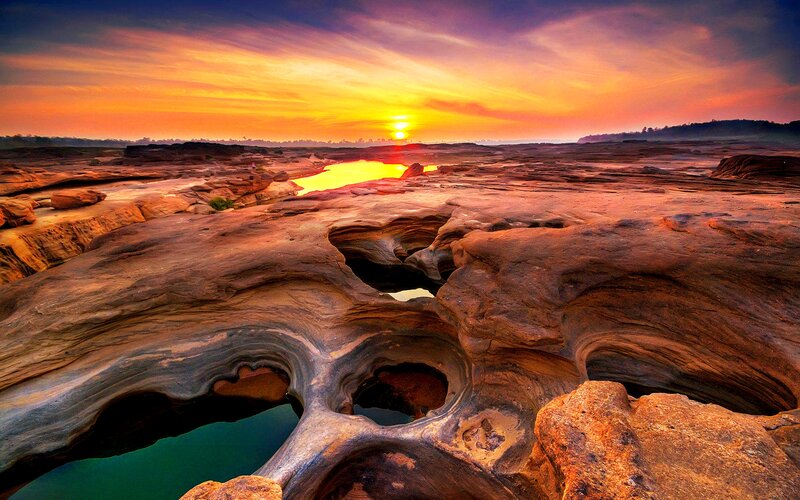 Rock Formations at Sunset — Orange, Dramatic, Photograph, Sun, Sky
