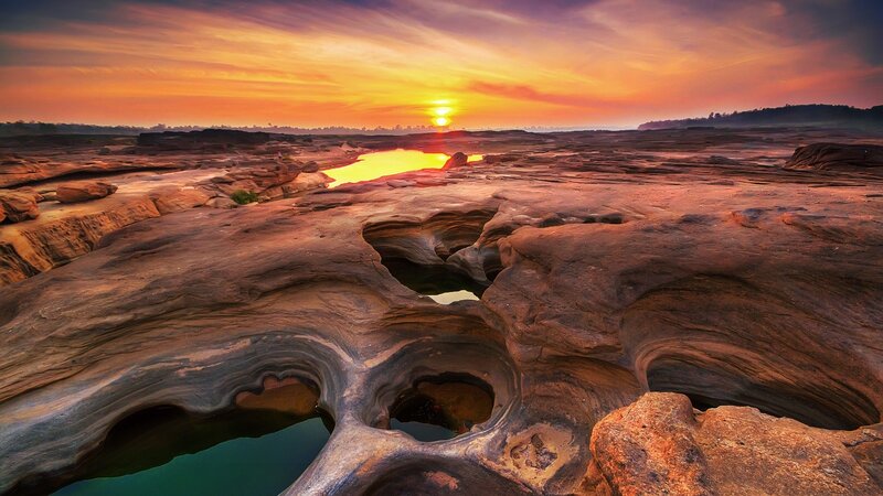 Rock Formations at Sunset — Orange, Dramatic, Photograph, Sun, Sky, Water