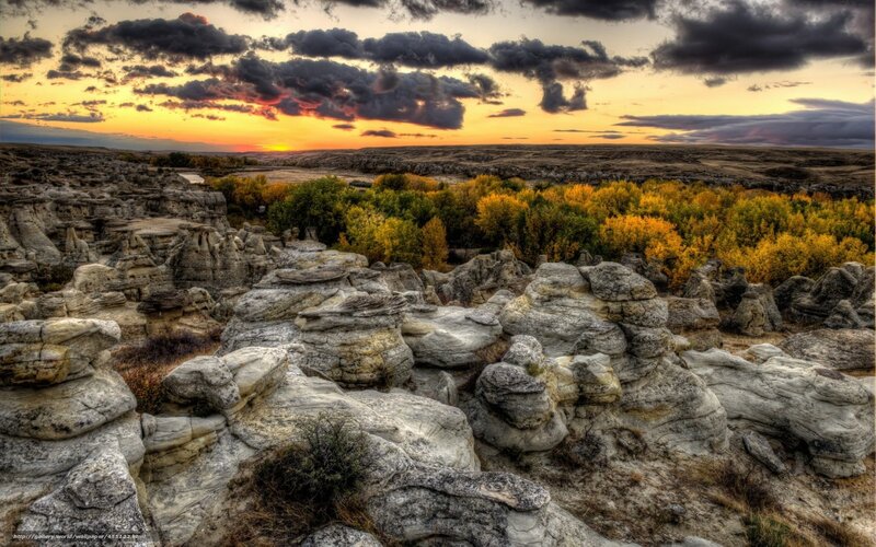 Rock Formations at Sunset — Orange, Dramatic, Photograph, Trees, Sky