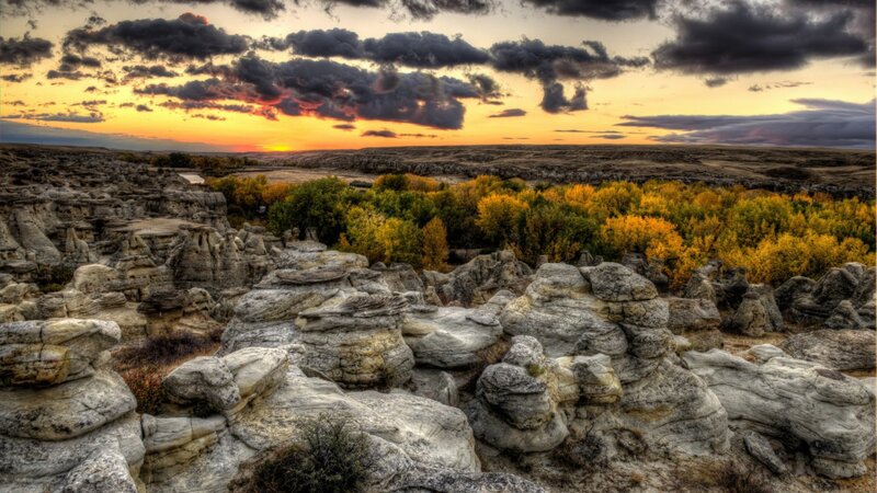 Rock Formations at Sunset — Orange, Dramatic, Photograph, Trees