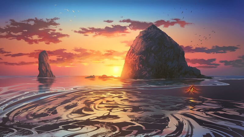 Rock Formations at Sunset — Orange, Serene, Digital Art