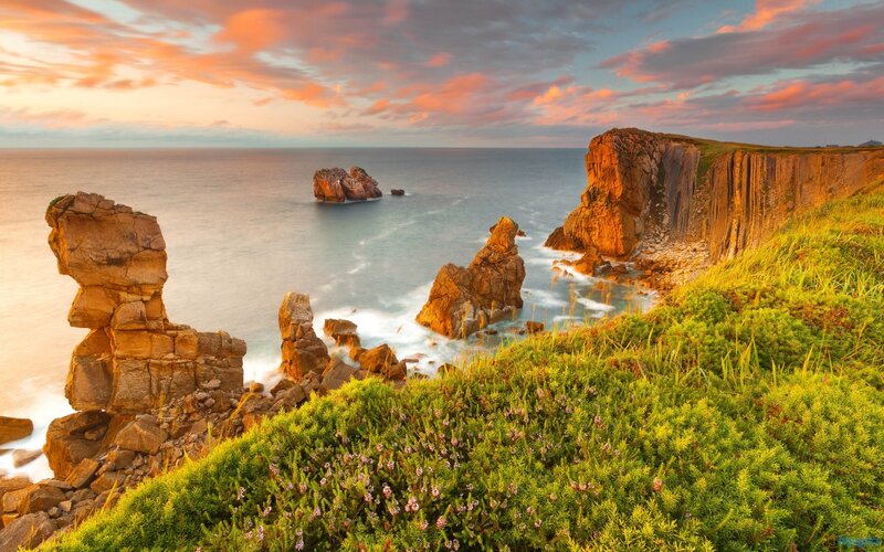Rock Formations at Sunset — Orange, Serene, Photograph, Ocean, Cliffs