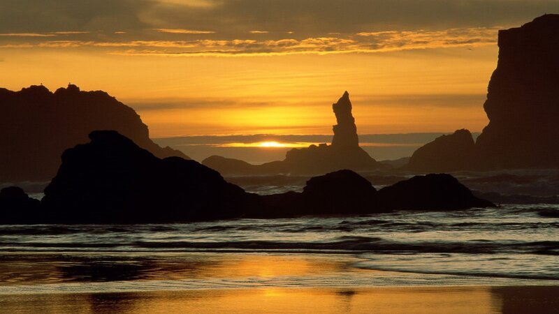 Rock Formations at Sunset — Orange, Serene, Photograph, Ocean, Sky, Sand, Black