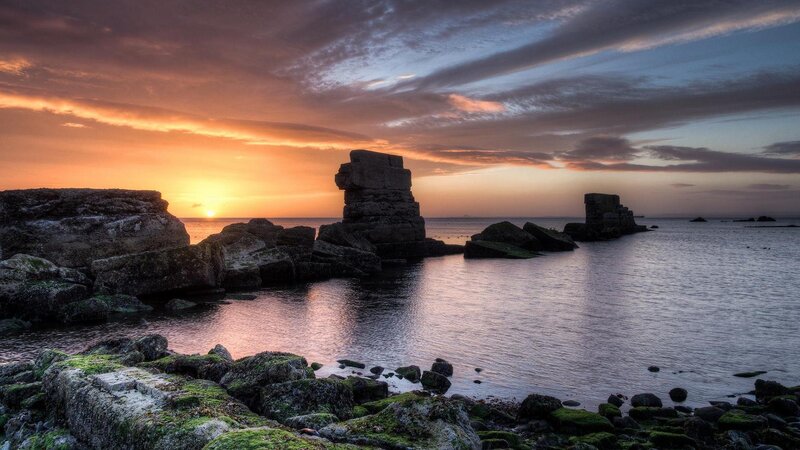 Rock Formations at Sunset — Orange, Serene, Photograph, Sea