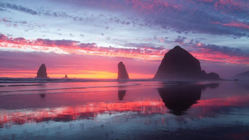 Rock Formations at Sunset — Pink, Serene, Photograph, Beach