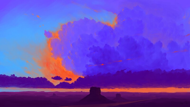 Rock Formations at Sunset — Purple, Dramatic, Digital Art