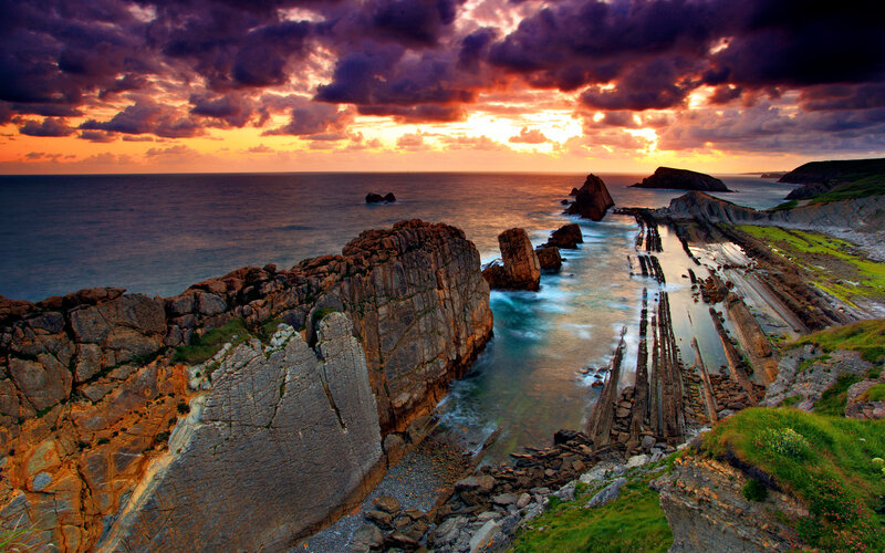 Rock Formations at Sunset — Purple, Dramatic, Photograph, Ocean, Clouds