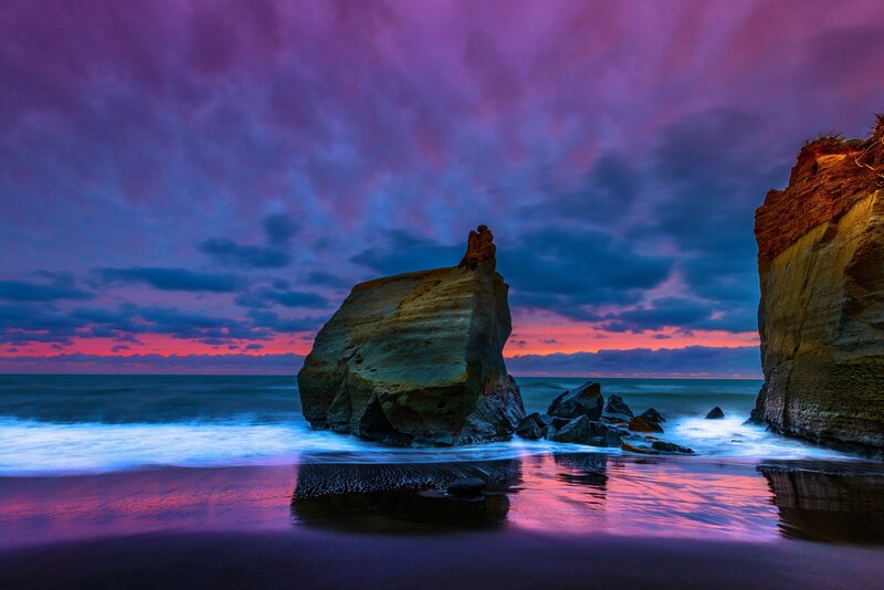 Rock Formations at Sunset — Purple, Dramatic, Photograph, Ocean, Sky, Beach