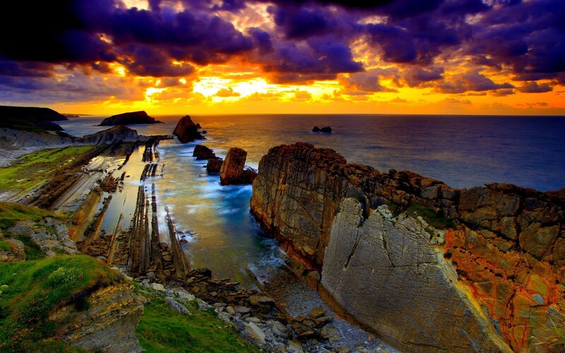 Rock Formations at Sunset — Purple, Dramatic, Photograph, Ocean, Sky, Clouds