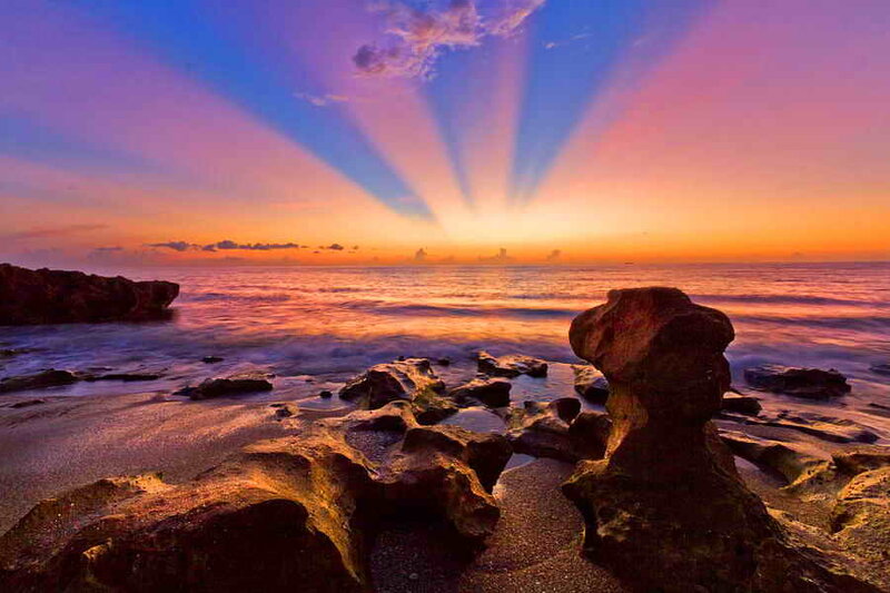 Rock Formations at Sunset — Purple, Dramatic, Photograph, Ocean, Sky, Rocks
