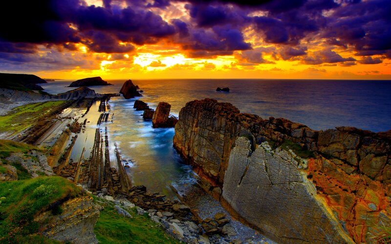 Rock Formations at Sunset — Purple, Dramatic, Photograph, Ocean, Sky
