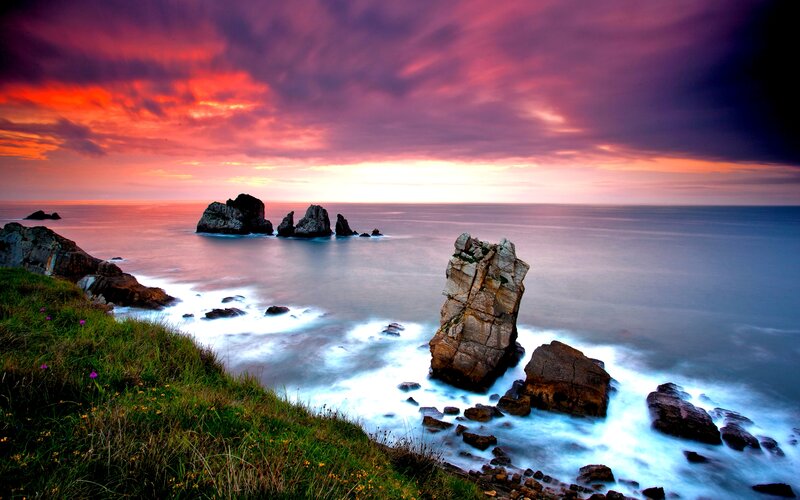 Rock Formations at Sunset — Purple, Dramatic, Photograph, Ocean