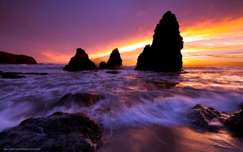 Rock Formations at Sunset — Purple, Dramatic, Photograph, Ocean, Waves, Sky