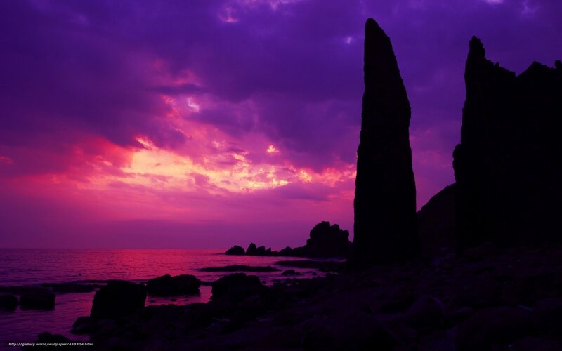 Rock Formations at Sunset — Purple, Dramatic, Photograph, Rocks, Sea, Sky