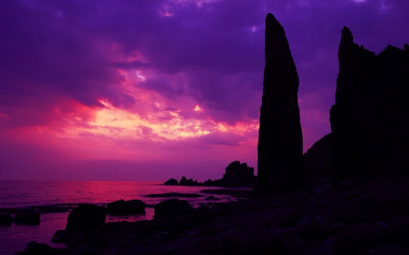 Rock Formations at Sunset — Purple, Dramatic, Photograph, Rocks, Sea