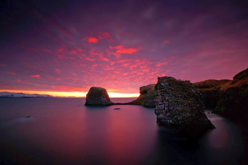 Rock Formations at Sunset — Purple, Dramatic, Photograph, Sea