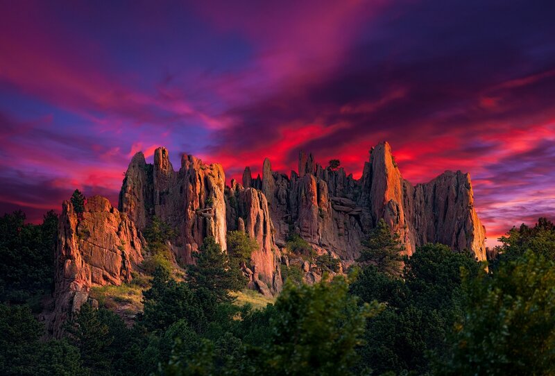 Rock Formations at Sunset — Purple, Dramatic, Photograph, Trees