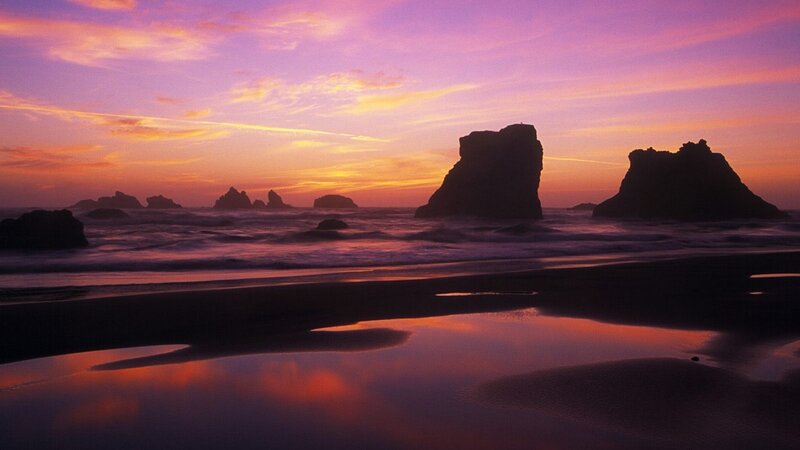 Rock Formations at Sunset — Purple, Serene, Photograph, Ocean, Sky, Beach, Orange, Black