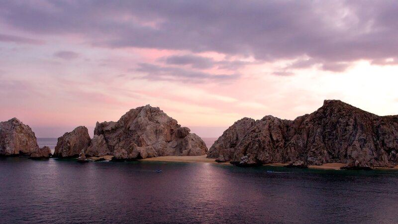 Rock Formations at Sunset — Purple, Serene, Photograph, Ocean, Sky, Boats